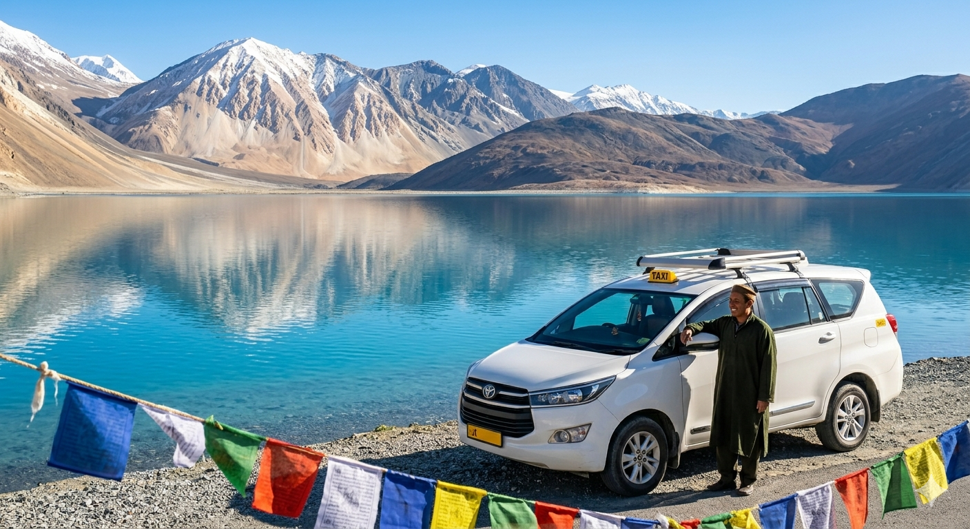  Leh to Pangong Lake taxi fare 2026 - white SUV taxi at Pangong Tso lake with snow-capped mountains