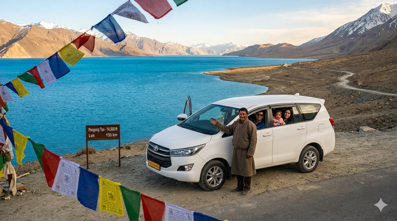 Leh to Pangong Lake taxi fare 2026 - white SUV taxi at Pangong Tso with turquoise-blue lake and snow-capped Himalayan mountains