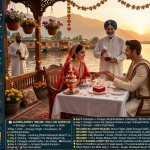 Luxury Kashmir tour package from Delhi 2026 - couple in wedding attire on super-deluxe houseboat at Dal Lake sunset, candlelit dinner with copper samovar, heart-shaped cake, red roses, butler in traditional attire, Zabarwan mountains, flight route Delhi to Srinagar overlay, 6-night7-day luxury tour ₹36,000-45,000 per person, 7-night8-day premium tour ₹45,000-55,000, Vaishno Devi helicopter plus Kashmir ₹89,999, 6-day private guided tour custom quote, includes flights from Delhi (select packages), super-deluxe houseboat, 4-5 star hotels, private SUV with chauffeur, shikara ride, breakfast, dinner, airport transfers