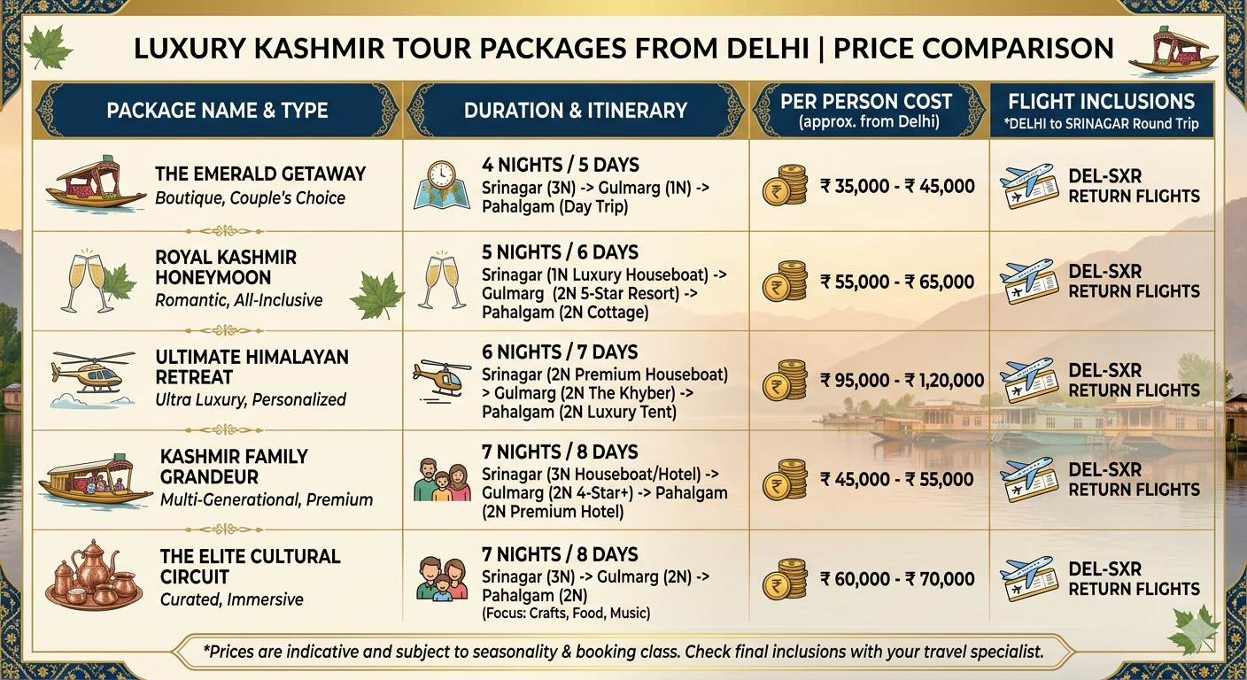 Luxury Kashmir tour package from Delhi 2026 - price comparison chart with package options and per person costs