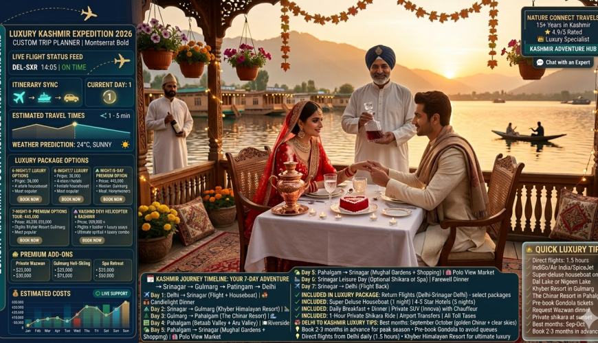 Luxury Kashmir tour package from Delhi 2026 - couple in wedding attire on super-deluxe houseboat at Dal Lake sunset, candlelit dinner with copper samovar, heart-shaped cake, red roses, butler in traditional attire, Zabarwan mountains, flight route Delhi to Srinagar overlay, 6-night7-day luxury tour ₹36,000-45,000 per person, 7-night8-day premium tour ₹45,000-55,000, Vaishno Devi helicopter plus Kashmir ₹89,999, 6-day private guided tour custom quote, includes flights from Delhi (select packages), super-deluxe houseboat, 4-5 star hotels, private SUV with chauffeur, shikara ride, breakfast, dinner, airport transfers