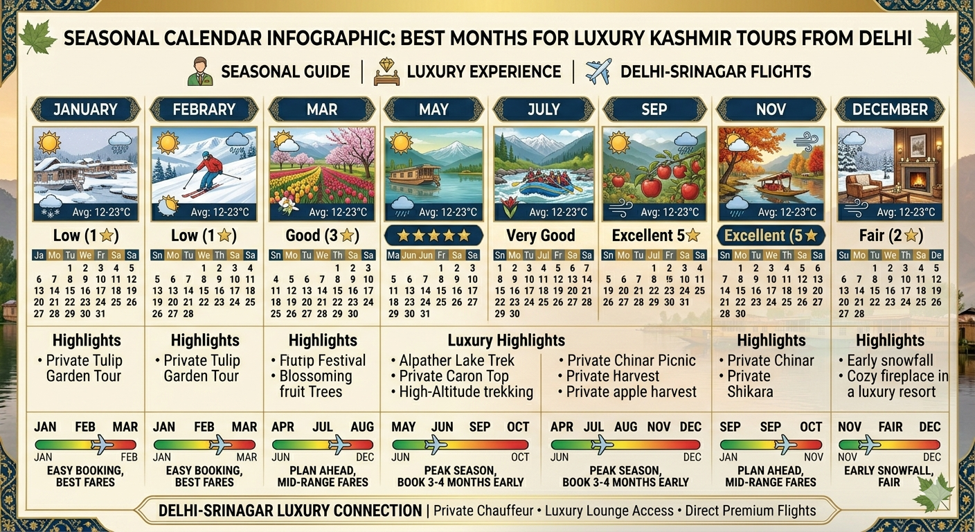 Luxury Kashmir tour package from Delhi - best time to visit seasonal calendar with flight availability