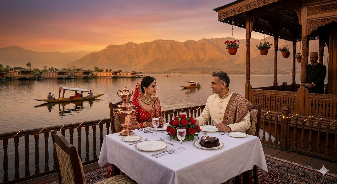  Luxury Kashmir tour package from Delhi - couple on deluxe houseboat at Dal Lake sunset with fine dining setup