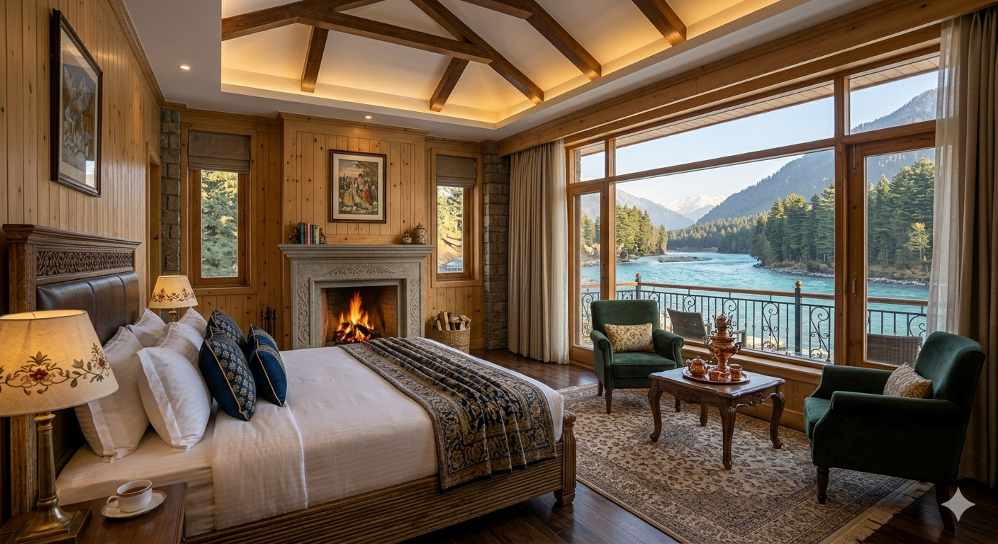 Luxury Kashmir tour package from Delhi - premium room at The Chinar Resort Pahalgam with river view