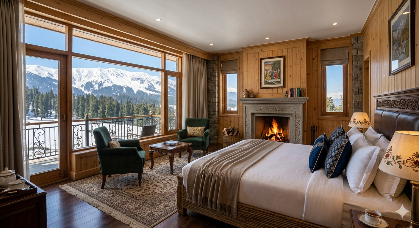 Luxury Kashmir tour package from Delhi - premium suite at Khyber Himalayan Resort Gulmarg with mountain views
