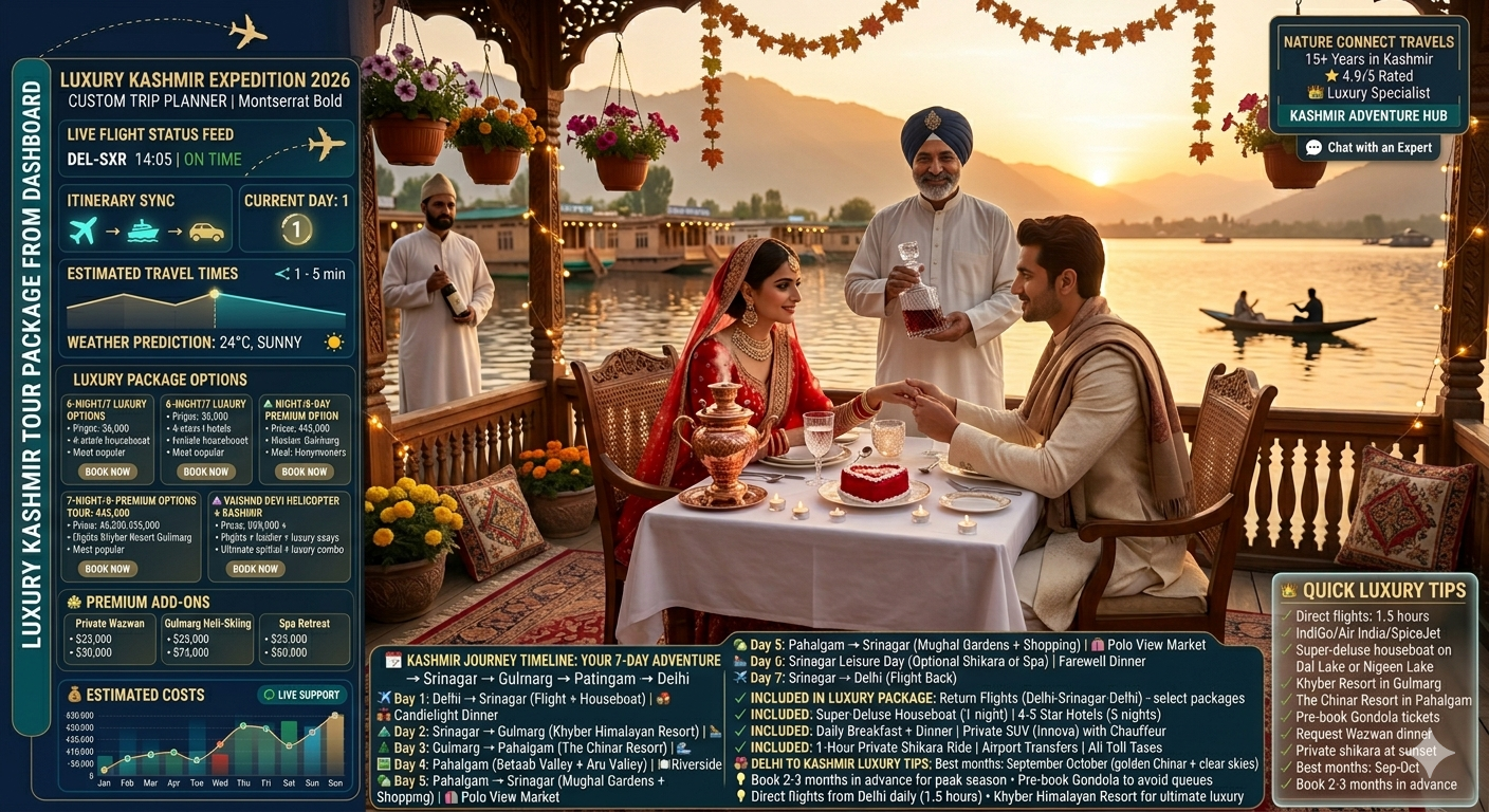 Luxury Kashmir tour package from Delhi 2026 - couple in wedding attire on super-deluxe houseboat at Dal Lake sunset, candlelit dinner with copper samovar, heart-shaped cake, red roses, butler in traditional attire, Zabarwan mountains, flight route Delhi to Srinagar overlay, 6-night7-day luxury tour ₹36,000-45,000 per person, 7-night8-day premium tour ₹45,000-55,000, Vaishno Devi helicopter plus Kashmir ₹89,999, 6-day private guided tour custom quote, includes flights from Delhi (select packages), super-deluxe houseboat, 4-5 star hotels, private SUV with chauffeur, shikara ride, breakfast, dinner, airport transfers