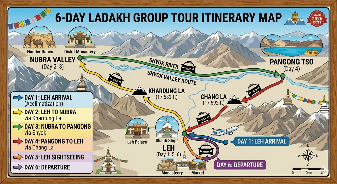  Luxury Ladakh group tour package 2026 - 6 day group itinerary map