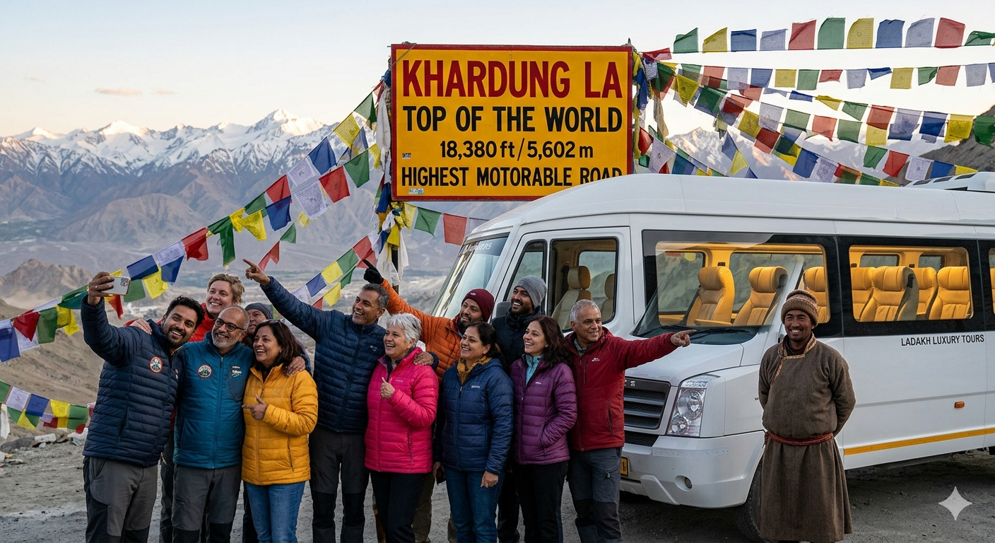 Luxury Ladakh group tour package 2026 - happy group of 12 travelers with white Force Urbania luxury tempo traveller at Khardung La pass 18380 feet