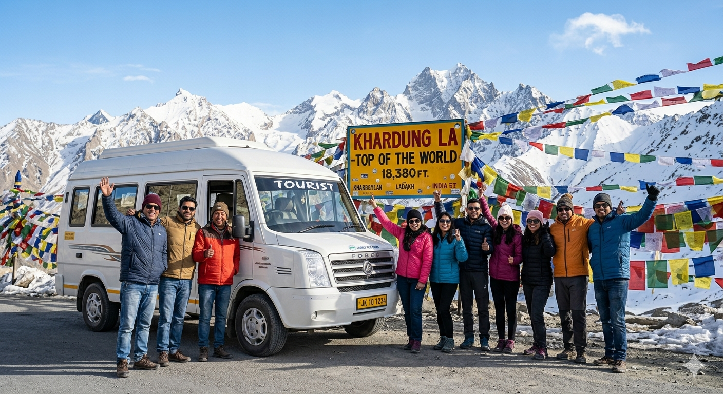  Luxury Ladakh group tour package 2026 - happy group with Force Urbania luxury tempo traveller at Khardung La pass