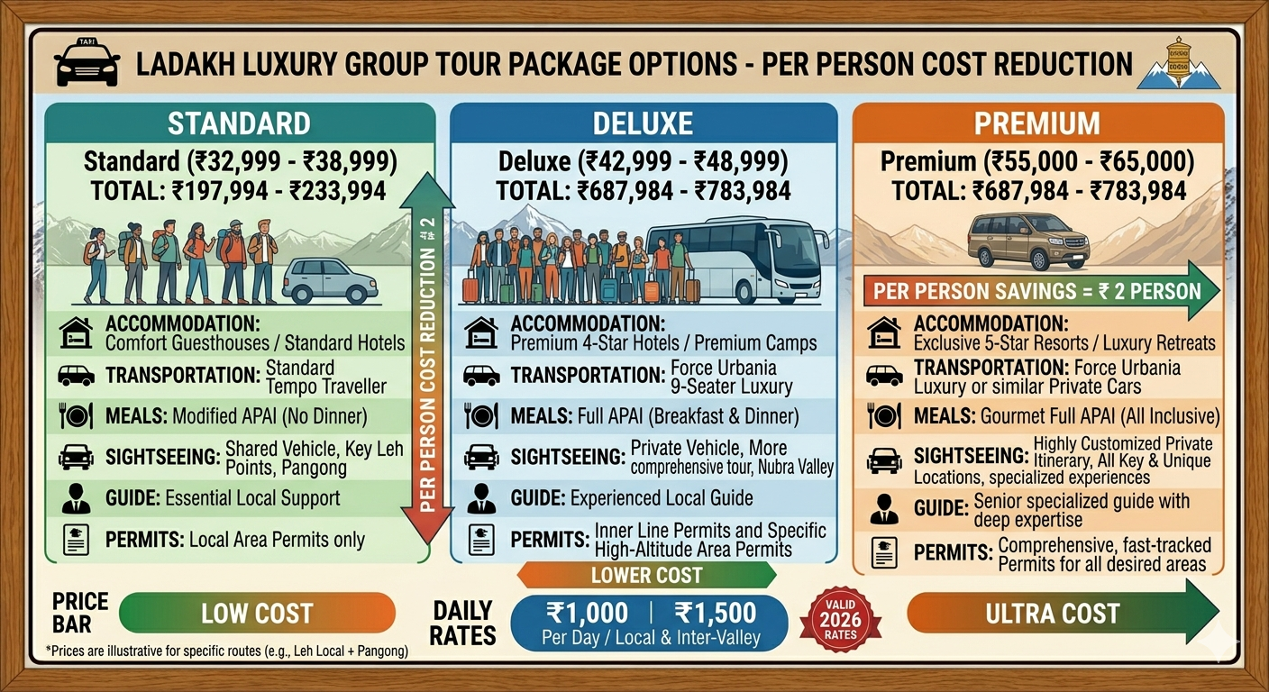 Luxury Ladakh group tour package 2026 - pricing infographic standard deluxe premium