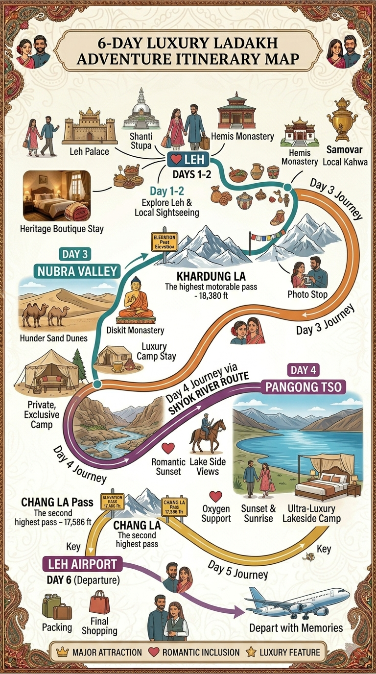 Luxury Ladakh Package Cost Per Person 2026 | ₹32,899 | 6 Days 11 Luxury Ladakh package cost per person 2026 - 6 day luxury itinerary map Leh Nubra Pangong