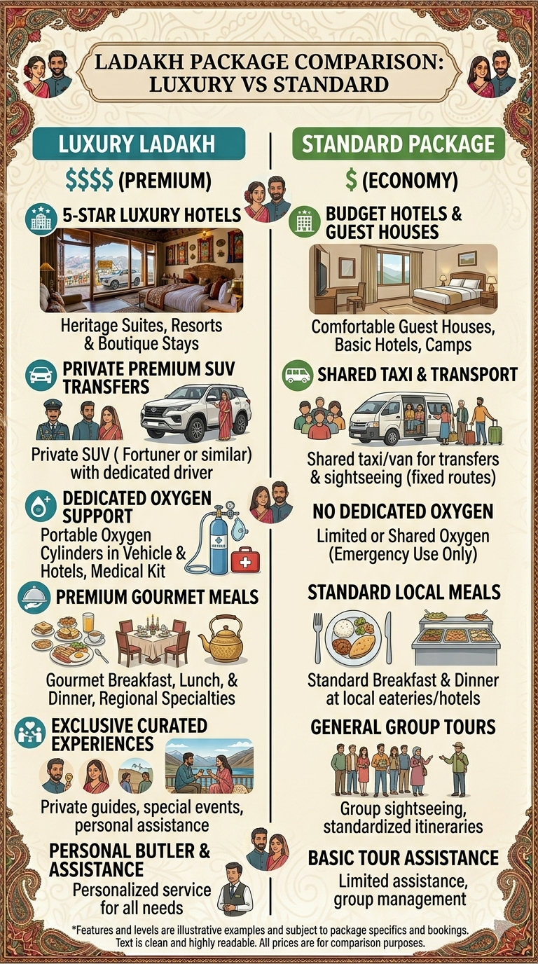 Luxury Ladakh Package Cost Per Person 2026 | ₹32,899 | 6 Days 9 Luxury Ladakh package cost per person 2026 - luxury vs standard package comparison
