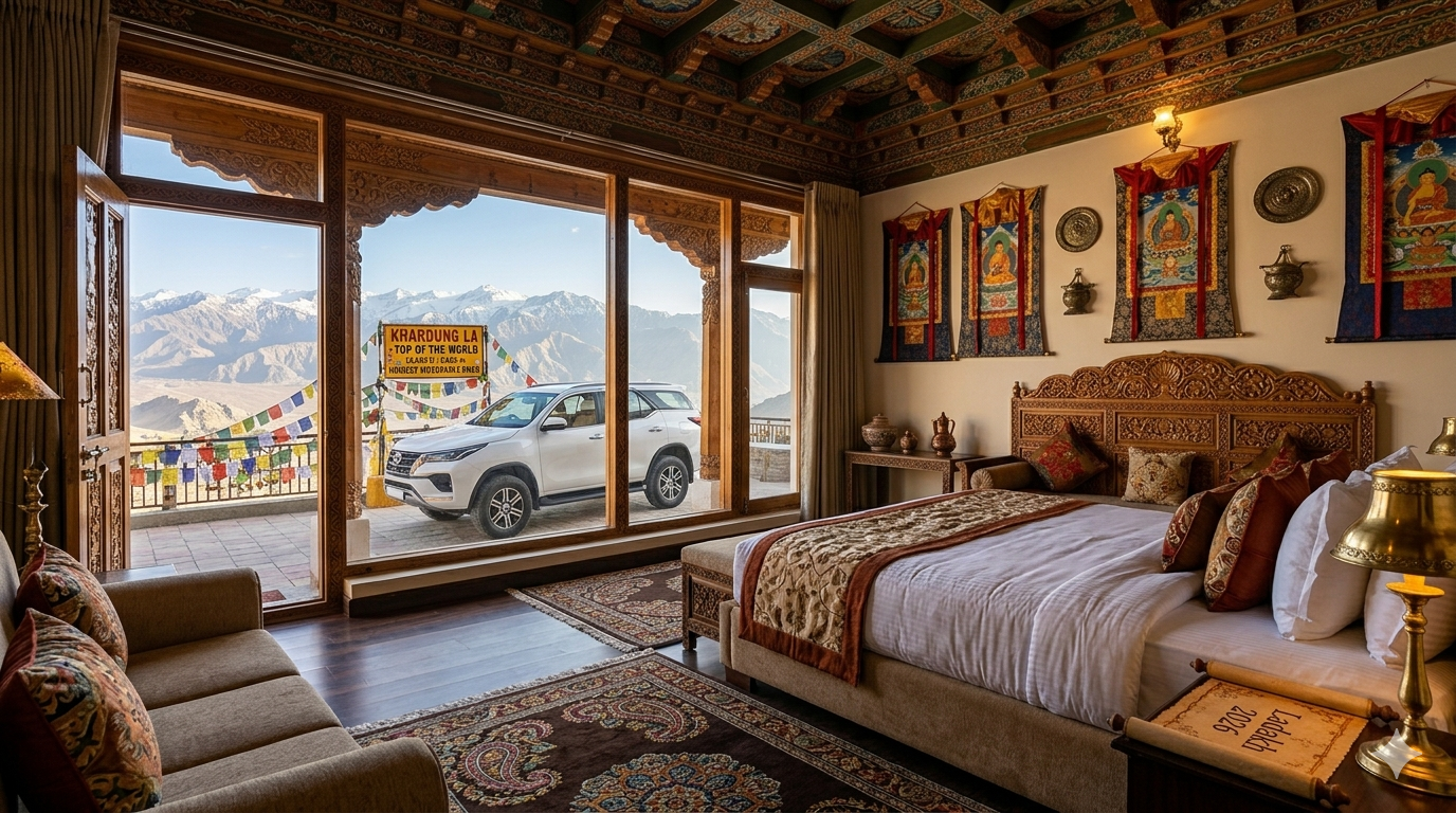 Luxury Ladakh Package Cost Per Person 2026 | ₹32,899 | 6 Days 8 Luxury Ladakh package cost per person 2026 - premium heritage suite with mountain views and private luxury SUV