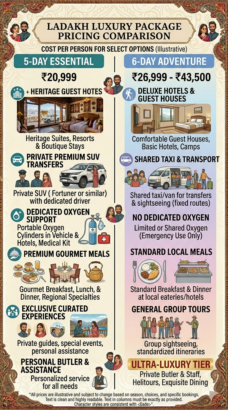 Luxury Ladakh Package Cost Per Person 2026 | ₹32,899 | 6 Days 10 Luxury Ladakh package cost per person 2026 - pricing infographic premium deluxe ultra-luxury