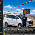 Luxury Ladakh tour package 2026 - white Innova Crysta at Umling La pass 19024 feet world's highest motorable road, professional Ladakhi chauffeur with folded hands in respectful greeting, prayer flags, snow-capped peaks, 7-day deluxe package ₹59,500-64,500 per person, 9-day Hanle and Umling La custom quote, 11-day ultimate Ladakh £4,950, 6-night luxury holiday SGD 1,005, Kashmir-Ladakh combo $2,681, includes private Innova Crysta, 5-star hotels (The Grand Dragon), butler service, oxygen support, all permits
