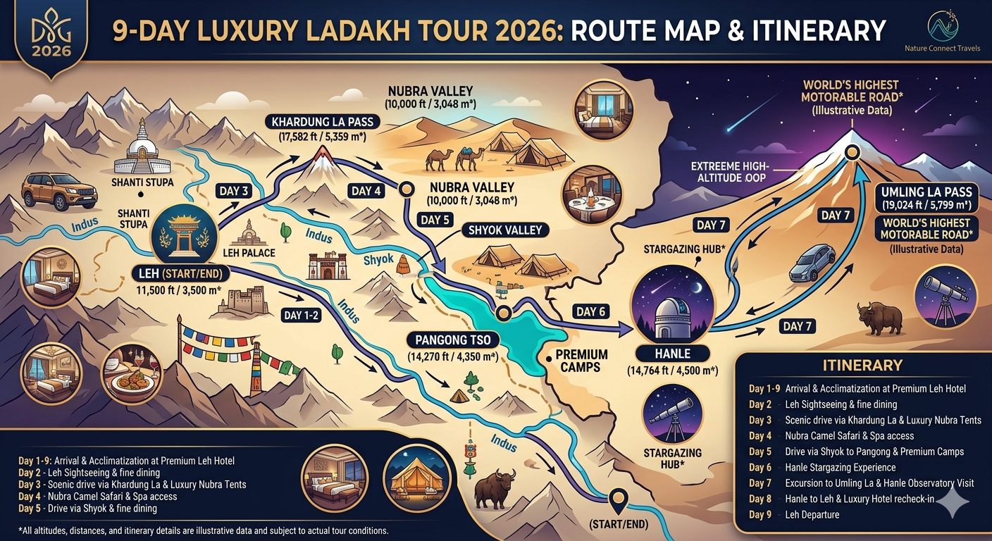 Luxury Ladakh tour package - 9-day route map including Hanle and Umling La with altitudes