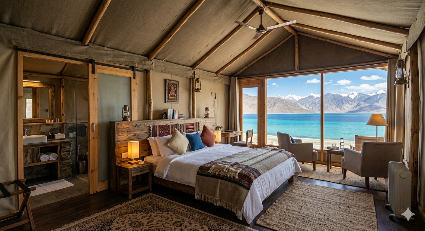Luxury Ladakh tour package - luxury camp tent at Pangong Lake with lake view
