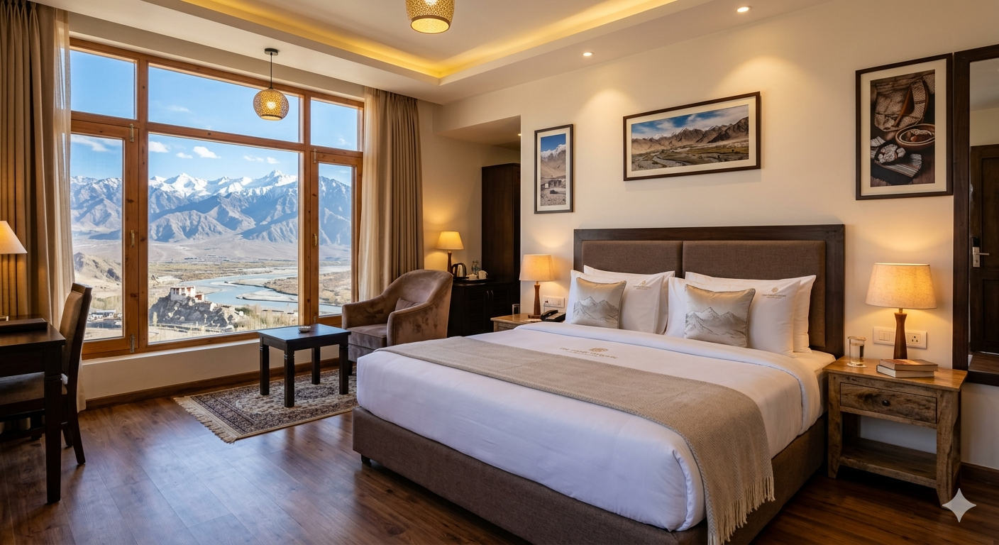 Luxury Ladakh tour package - premium suite at The Grand Dragon Leh with mountain views