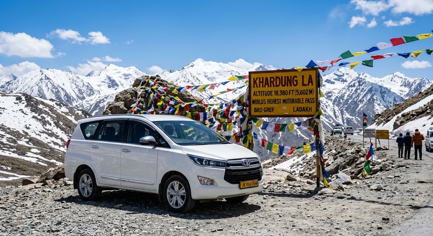 Luxury Ladakh tour package - white Innova Crysta at Khardung La pass with prayer flags and mountains