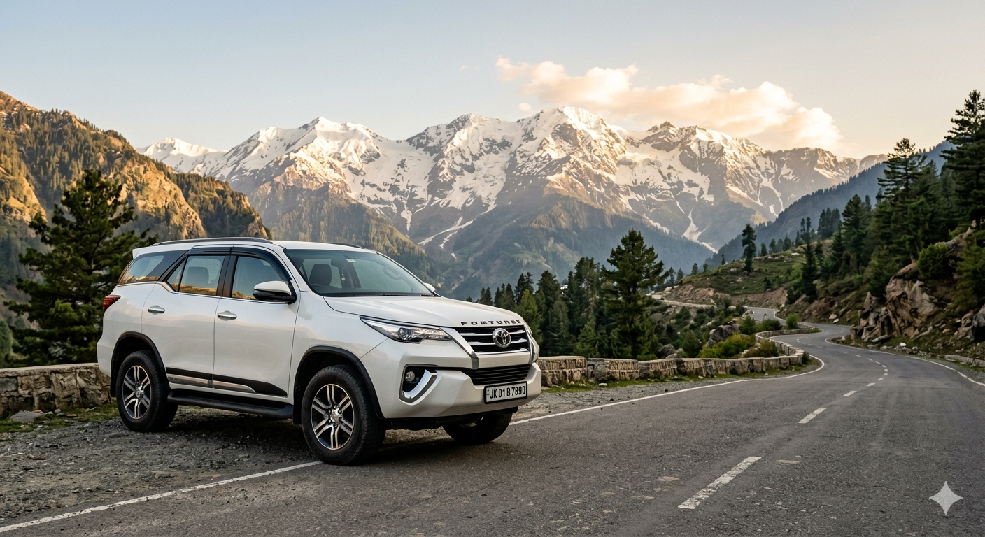 Luxury SUV Rental Kashmir 2026 | Fortuner ₹9,000/day | Book Now 9 Luxury SUV rental Kashmir 2026 - Toyota Fortuner on mountain road with Himalayan peaks
