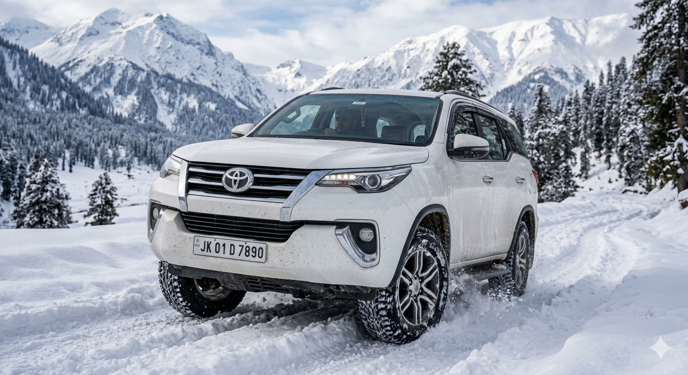 Luxury SUV Rental Kashmir 2026 | Fortuner ₹9,000/day | Book Now 13 Luxury SUV rental Kashmir 2026 - Toyota Fortuner on snow-covered Gulmarg road