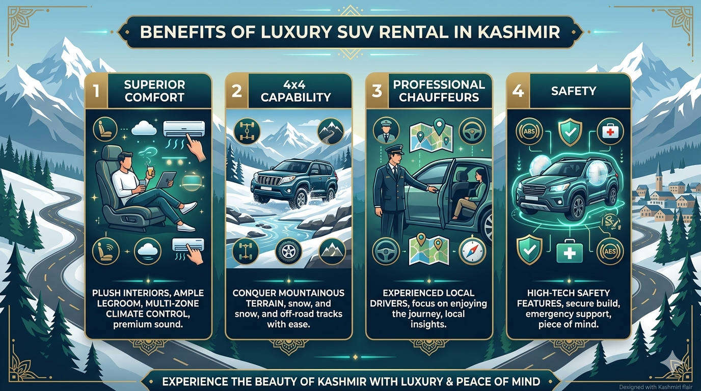 Luxury SUV Rental Kashmir 2026 | Fortuner ₹9,000/day | Book Now 10 Luxury SUV rental Kashmir 2026 - benefits infographic