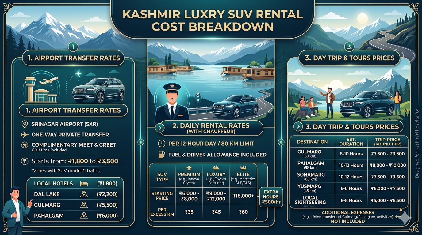 Luxury SUV Rental Kashmir 2026 | Fortuner ₹9,000/day | Book Now 12 Luxury SUV rental Kashmir 2026 - complete pricing infographic