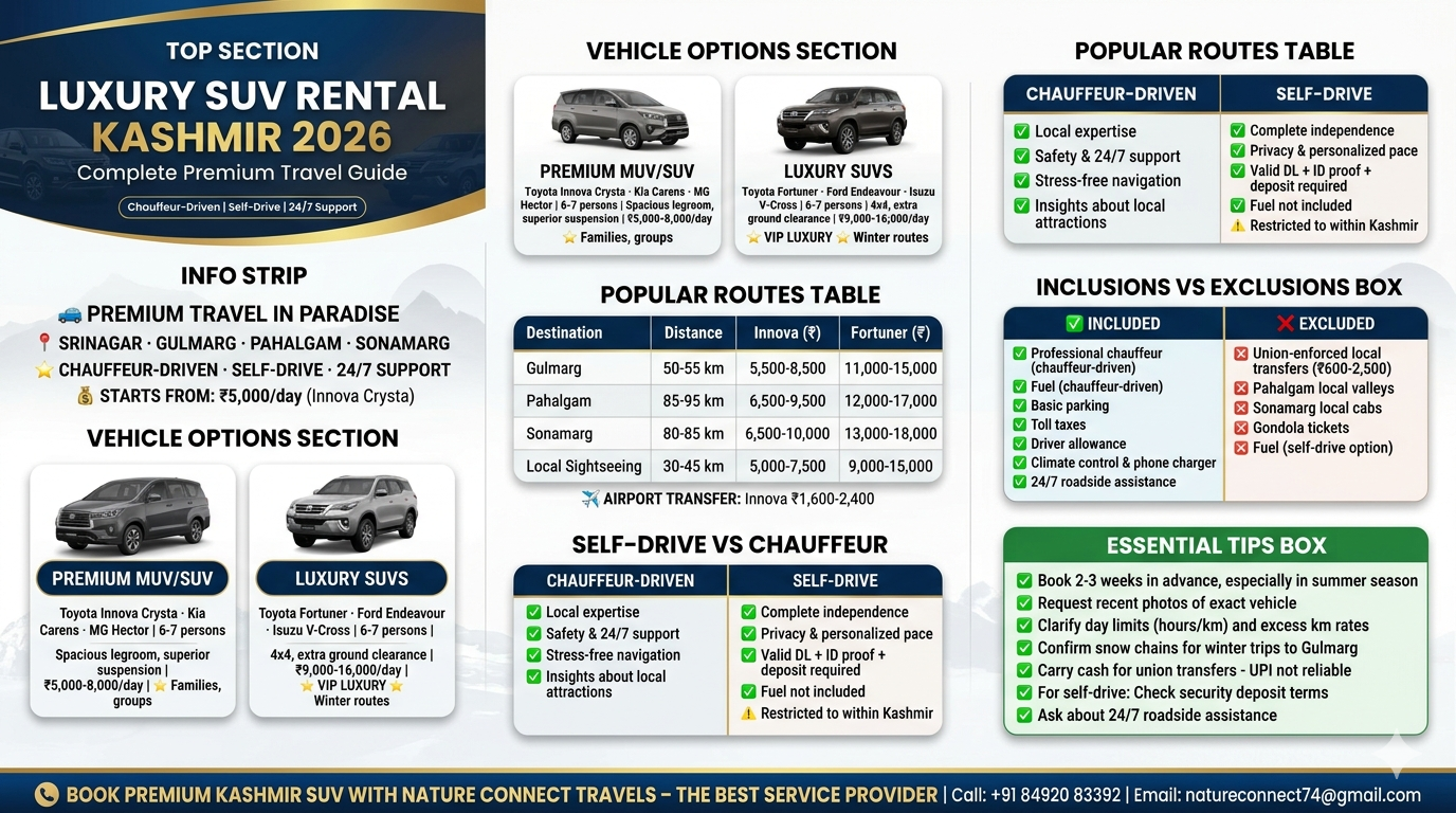 Luxury SUV rental Kashmir 2026 infographic - Toyota Fortuner 9000-15000 rupees per day, Innova Crysta 5000-7500 rupees per day, popular routes Gulmarg Pahalgam Sonamarg rates, chauffeur-driven vs self-drive comparison