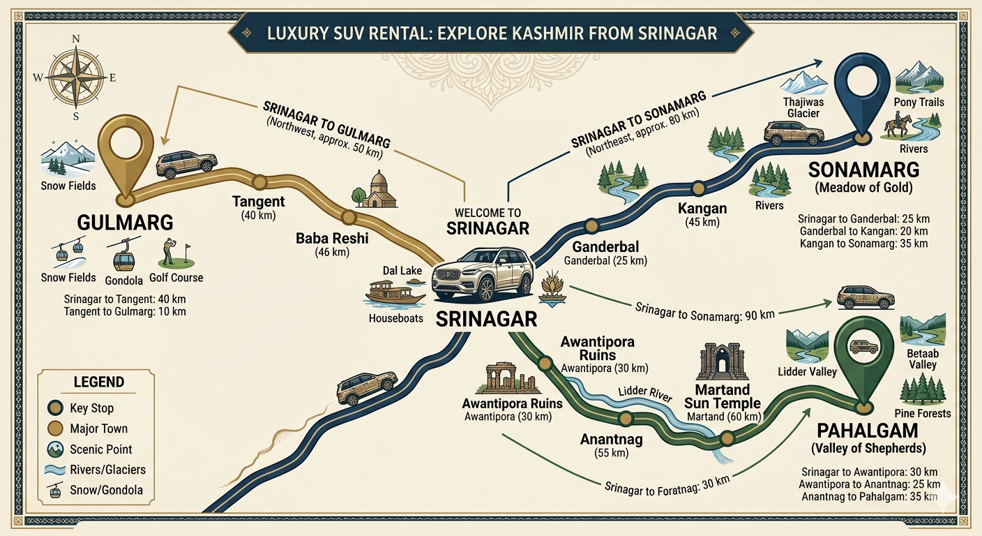 Luxury SUV Rental Kashmir 2026 | Fortuner ₹9,000/day | Book Now 14 Luxury SUV rental Kashmir 2026 - route map to Gulmarg Pahalgam Sonamarg