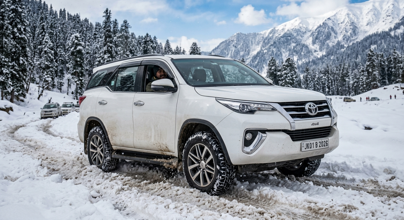 Luxury SUV Rental Kashmir Price Per Day 2026 | ₹5,000-₹15,000 | Guide 13 Luxury SUV rental Kashmir price per day 2026 - Toyota Fortuner on snow-covered Gulmarg road