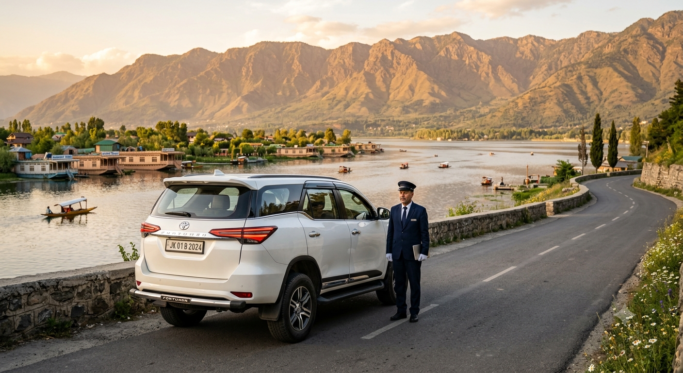Luxury SUV Rental Kashmir Price Per Day 2026 | ₹5,000-₹15,000 | Guide 9 Luxury SUV rental Kashmir price per day 2026 - Toyota Fortuner with Dal Lake and Zabarwan mountains
