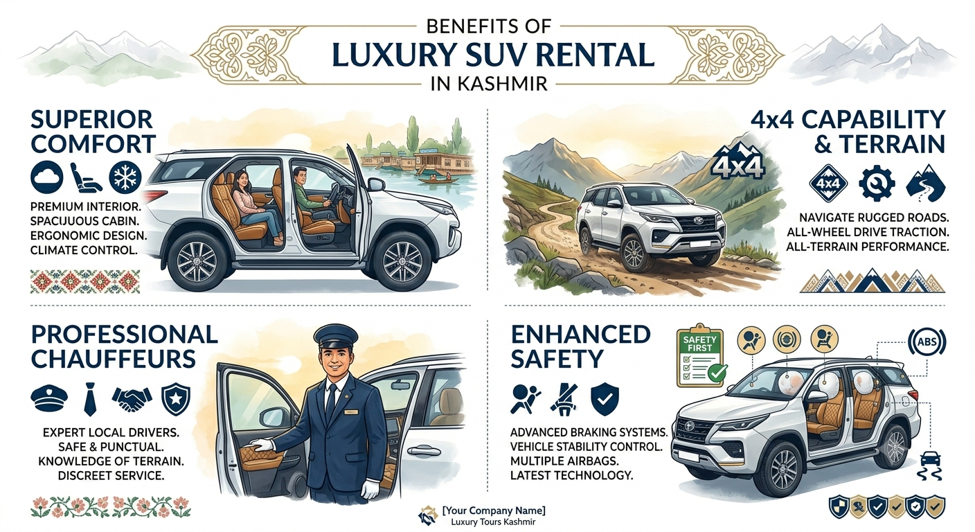Luxury SUV Rental Kashmir Price Per Day 2026 | ₹5,000-₹15,000 | Guide 10 Luxury SUV rental Kashmir price per day 2026 - benefits infographic