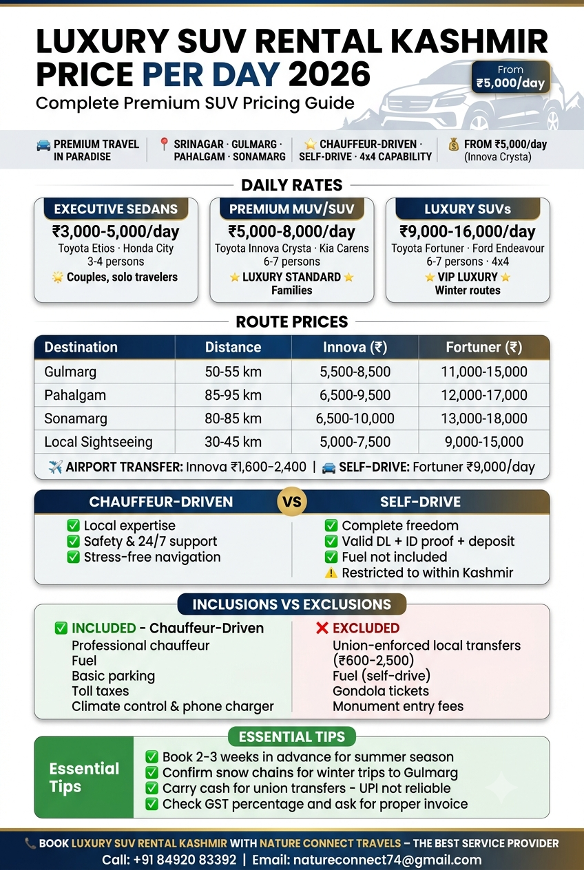 Luxury SUV rental Kashmir price per day 2026 infographic - Innova Crysta 5000-7500 rupees per day, Fortuner 9000-15000 rupees per day, route prices Gulmarg Pahalgam Sonamarg, chauffeur vs self-drive comparison