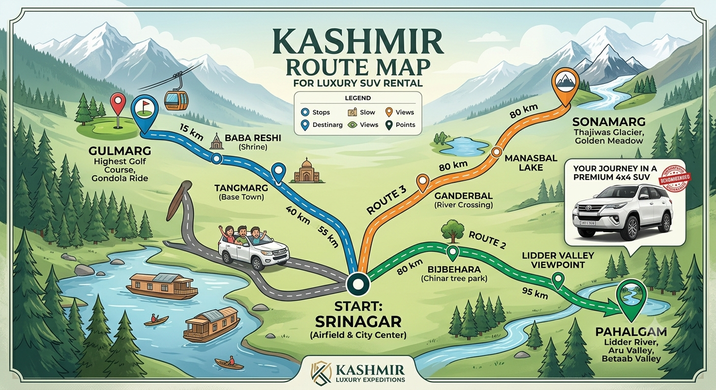 Luxury SUV Rental Kashmir Price Per Day 2026 | ₹5,000-₹15,000 | Guide 14 Luxury SUV rental Kashmir price per day 2026 - route map to Gulmarg, Pahalgam, and Sonamarg