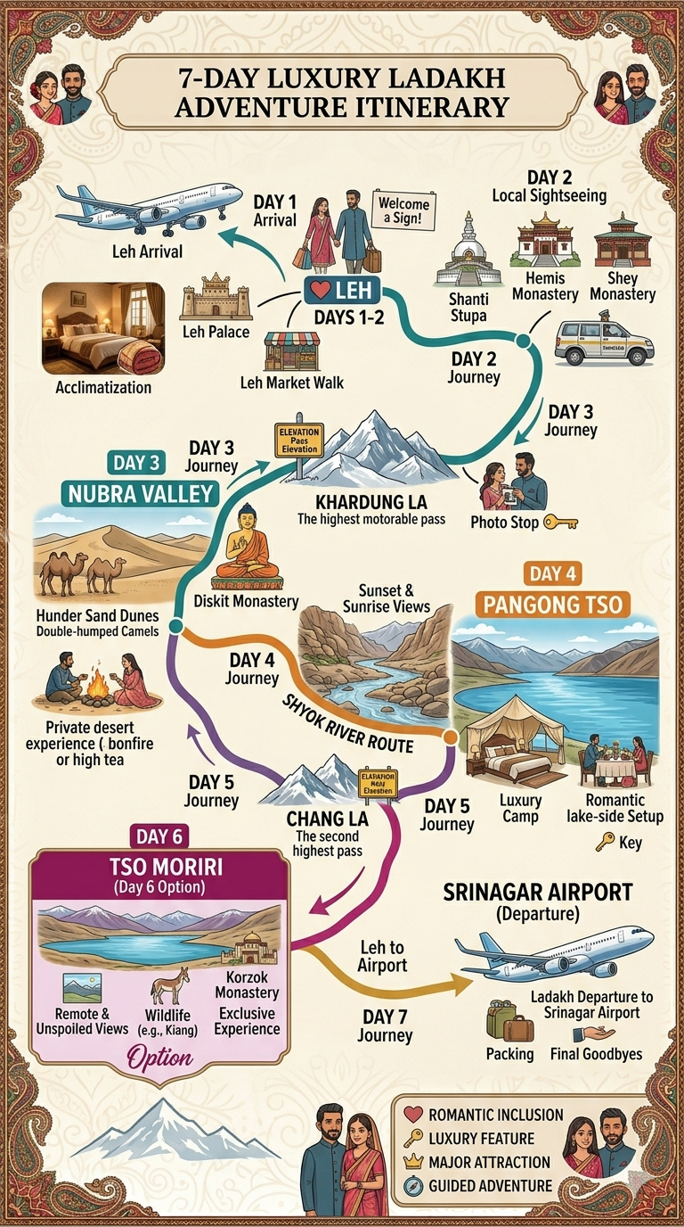 Luxury SUV Taxi Leh Ladakh 2026 | Fortuner ₹12k/day | Book Now 14 7 day itinerary map for luxury SUV taxi Leh Ladakh 2026 circuit