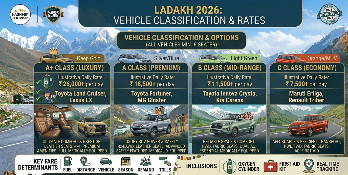 Luxury SUV Taxi Leh Ladakh 2026 | Fortuner ₹12k/day | Book Now 11 Luxury SUV taxi Leh Ladakh 2026 Ladakh Taxi Union vehicle classification chart with daily rates e1781329643161