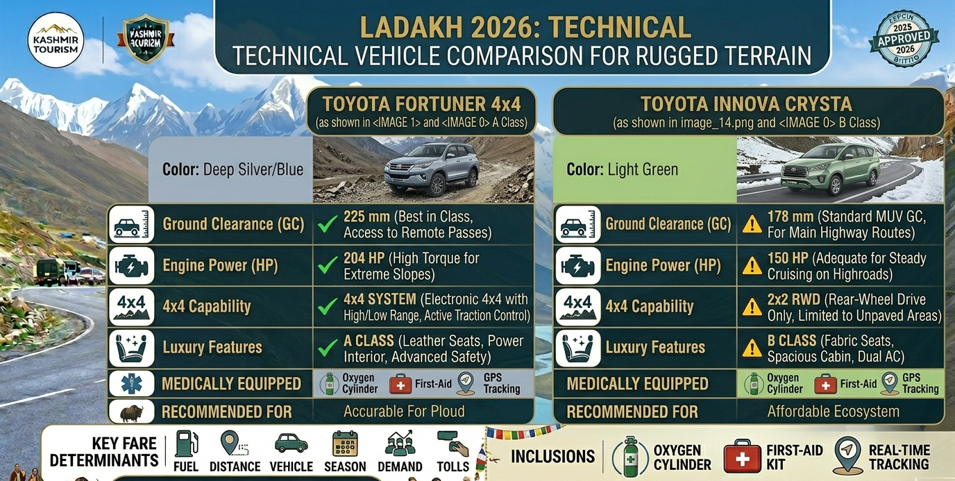 Luxury SUV Taxi Leh Ladakh 2026 | Fortuner ₹12k/day | Book Now 12 Luxury SUV taxi Leh Ladakh 2026 Toyota Fortuner vs Innova Crysta technical specifications comparison e1781329695668
