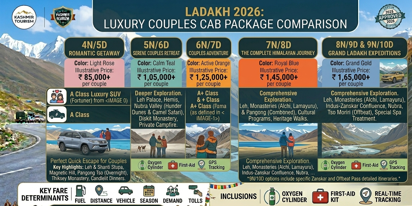 Luxury SUV Taxi Leh Ladakh 2026 | Fortuner ₹12k/day | Book Now 13 Luxury SUV taxi Leh Ladakh 2026 couple tour packages from 41999 to 117000 rupees e1781329811527