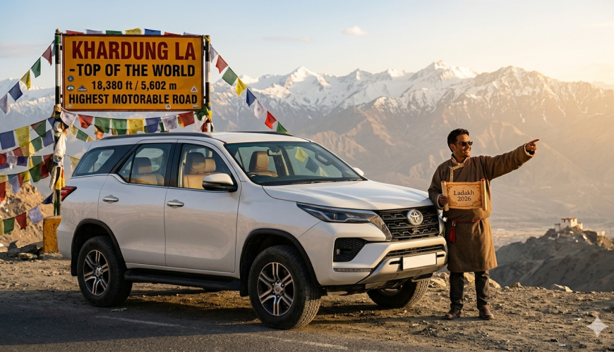 Luxury SUV taxi Leh Ladakh 2026 - white Toyota Fortuner 4x4 at Khardung La pass 18380 feet world's highest motorable road with prayer flags