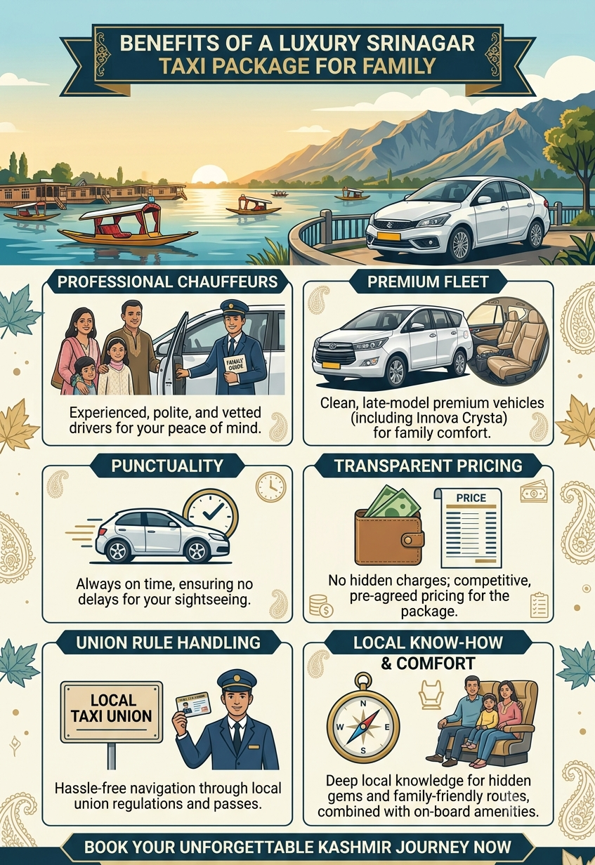  Luxury Srinagar taxi package for family 2026 - benefits infographic