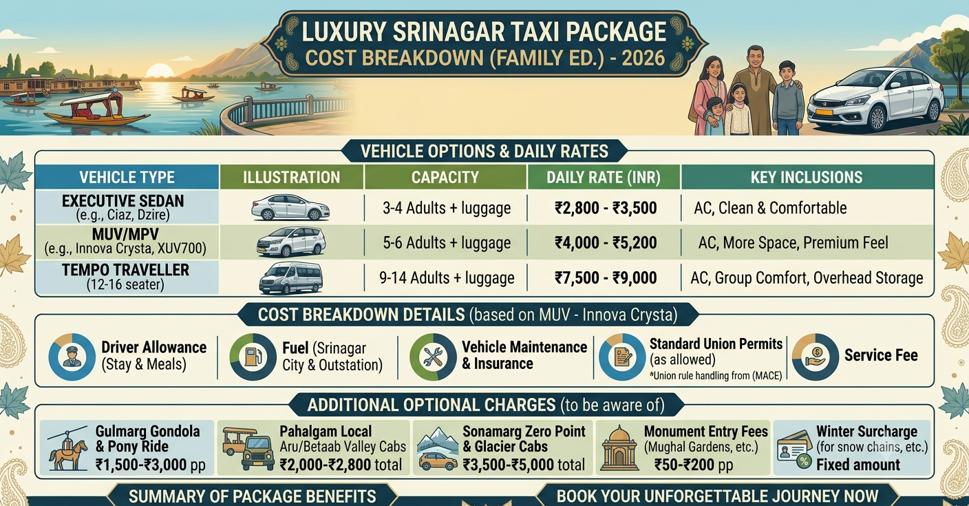  Luxury Srinagar taxi package for family 2026 - complete rate card infographic