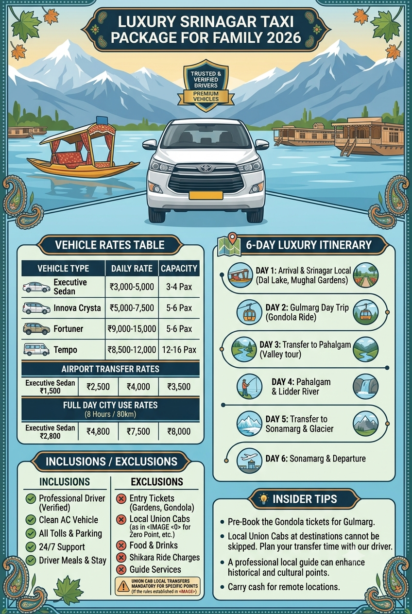 Luxury Srinagar taxi package for family 2026 infographic - vehicle rates, itinerary, inclusions