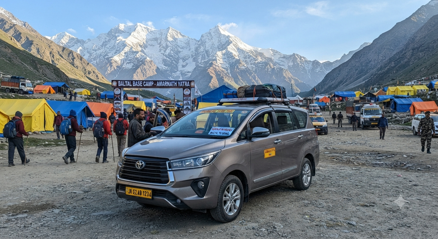 Luxury cab for Amarnath Yatra 2026 - premium Innova at Baltal base camp with Himalayan peaks