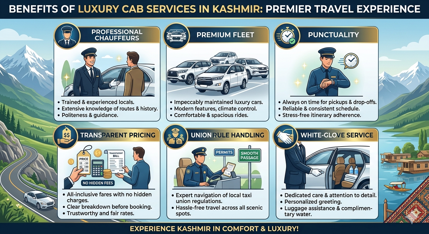 Luxury cab services in Kashmir 2026 - benefits infographic