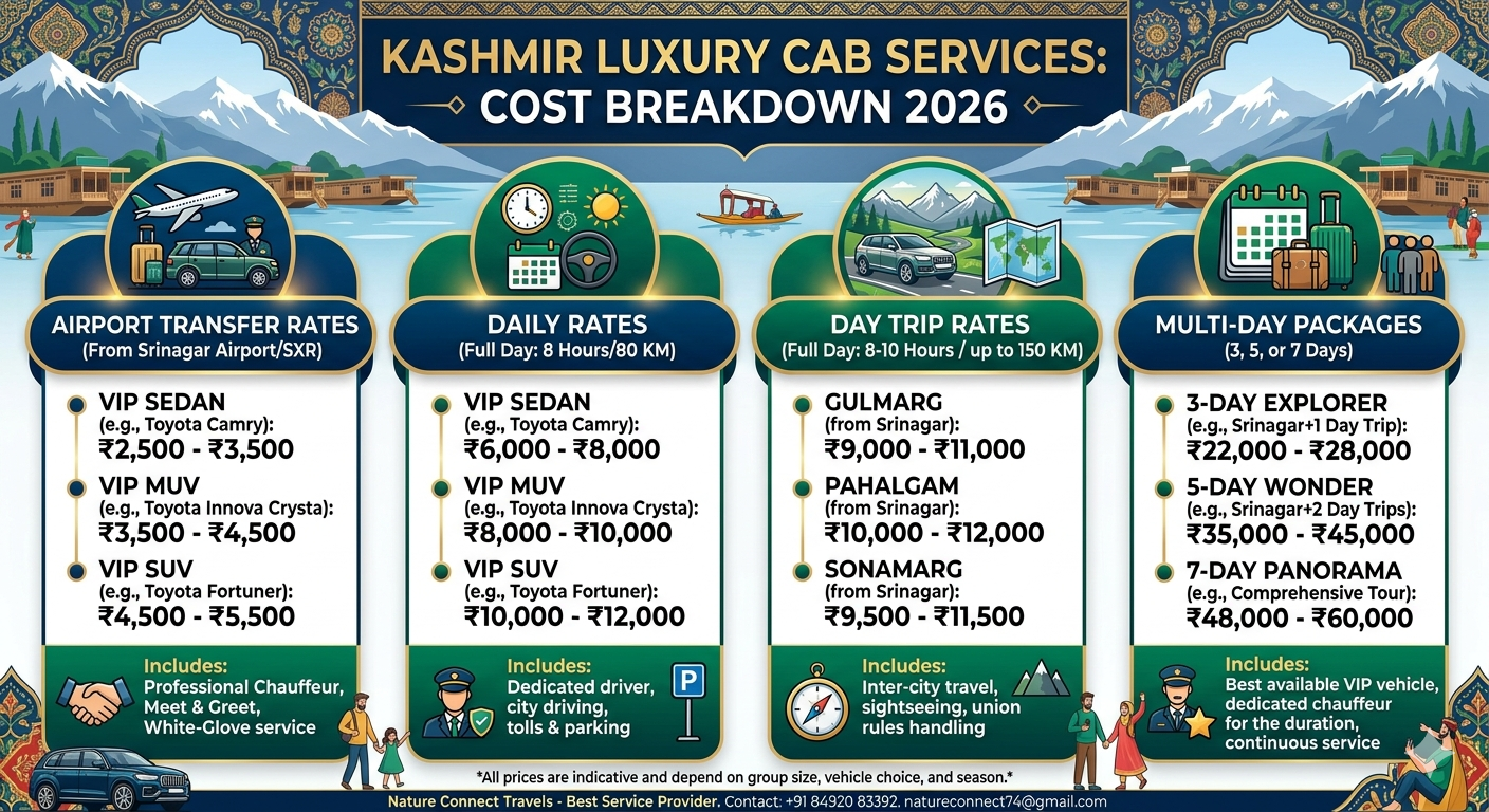 Luxury cab services in Kashmir 2026 - complete pricing infographic