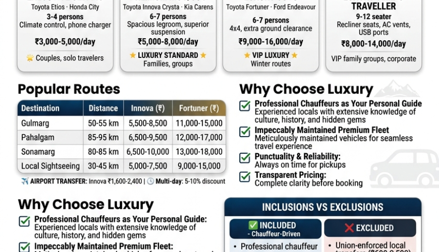 Luxury cab services in Kashmir 2026 infographic - vehicle options Innova Crysta 5000-7500 rupees per day Fortuner 9000-15000 rupees per day, popular routes Gulmarg Pahalgam Sonamarg rates, chauffeur benefits, union cab rules explained