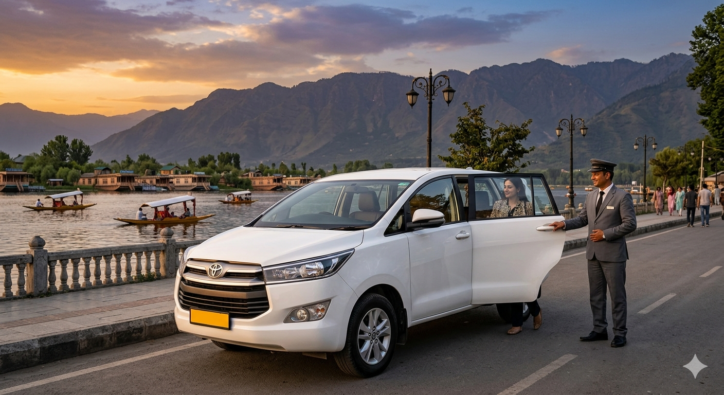 Luxury cab services in Kashmir 2026 - premium Innova Crysta with Dal Lake and Zabarwan mountains