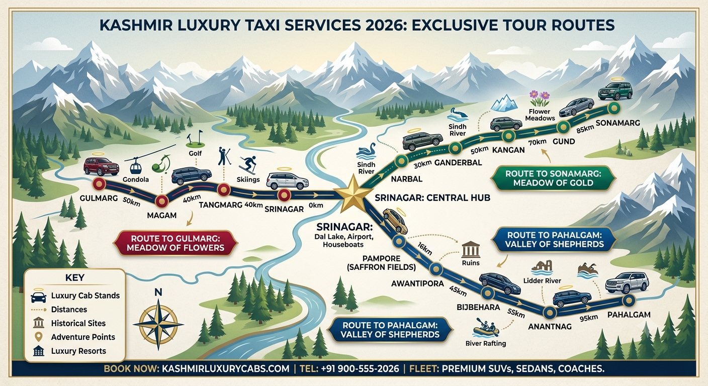 Luxury cab services in Kashmir 2026 - route map to Gulmarg, Pahalgam, and Sonamarg