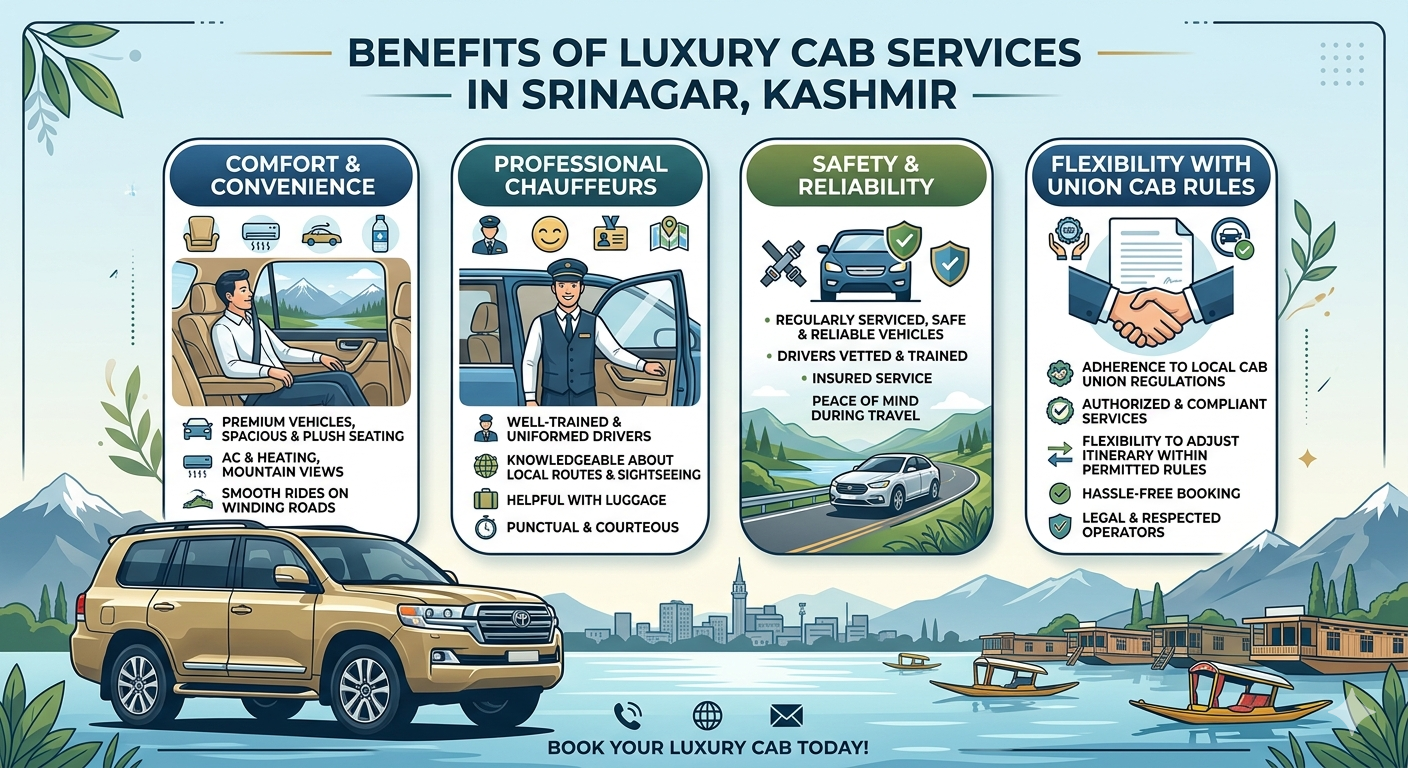 Luxury Cab Services in Srinagar 2026 | Rates ₹3,000/day | Book Now 7 Luxury cab services in Srinagar 2026 - benefits infographic
