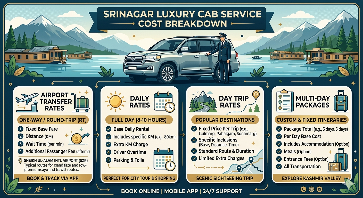 Luxury Cab Services in Srinagar 2026 | Rates ₹3,000/day | Book Now 9 Luxury cab services in Srinagar 2026 - complete pricing infographic
